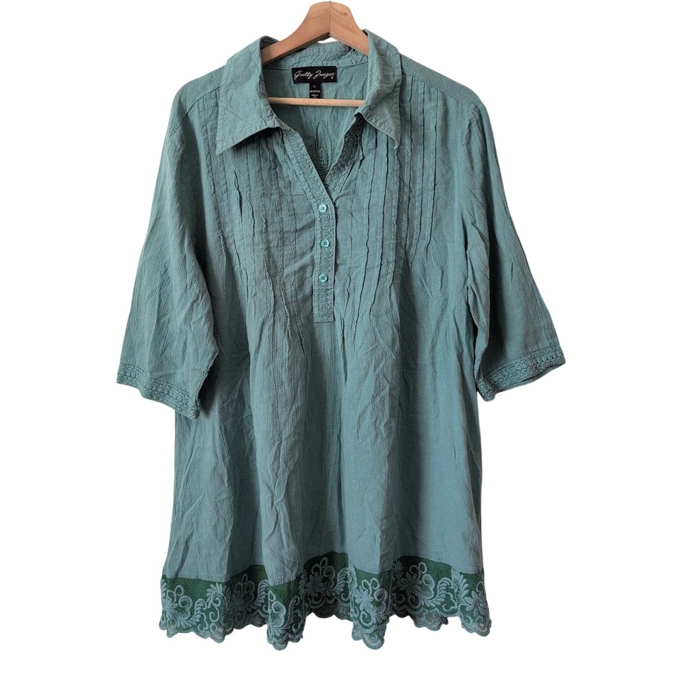 Gretty Zueger Womens L Blue Cotton Pintuck Lace 3/4 Sleeve Tunic Top Prairie Art